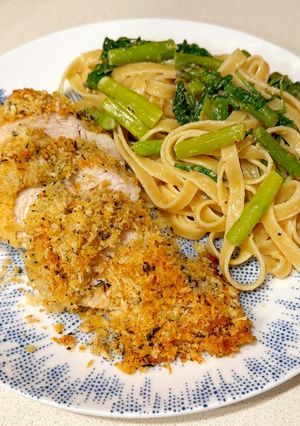 A picture of Crunchy parmesan - crushed chicken with asparagus and lemon fettuccine.