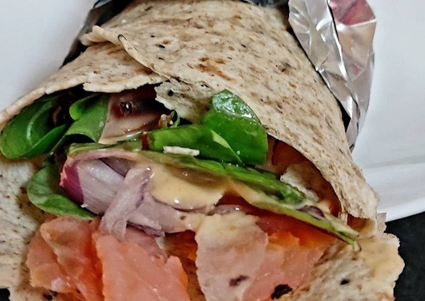 My Salmon + Salad with Healthy Wrap. 😉
