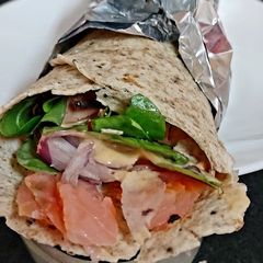 A picture of My Salmon + Salad with Healthy Wrap. 😉.