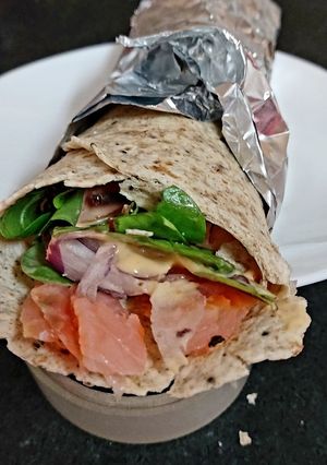 A picture of My Salmon + Salad with Healthy Wrap. 😉.