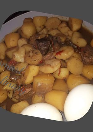 A picture of Irish Potatoes and meat.