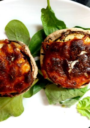 A picture of My Aubergine, Beetroot + mozzarella Stuffed Mushrooms 😗.
