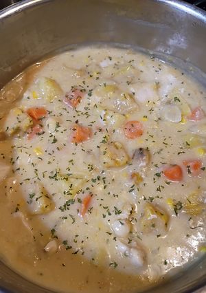 A picture of Roasted Acorn Squash and Chicken Stew (AKA Fall in a Pot).