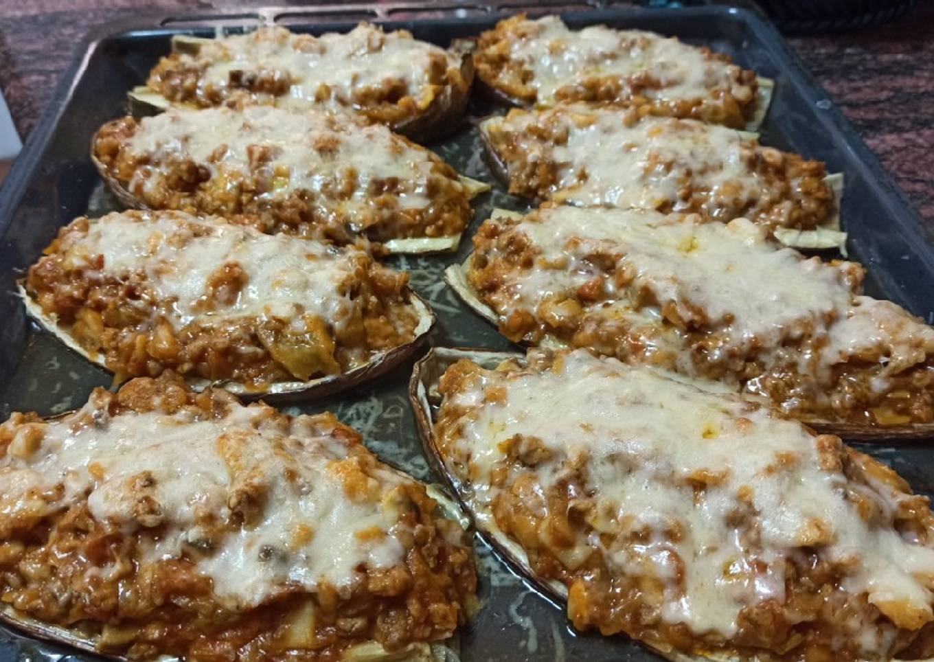 Berenjenas rellenas de puerro y pollo💜🍆🍆