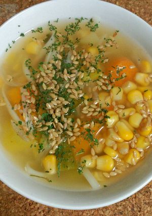 A picture of Vegetable Soup with Udon Noodles.