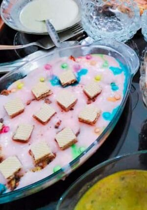 A picture of Strawberry custard with cooktail.
