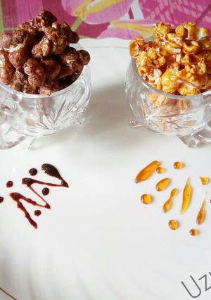 A picture of Chocolate and Caramel popcorns.