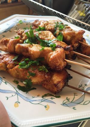 A picture of Chicken Satay in Spicy Peanut Butter and Coconut Sauce.