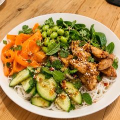 Vietnamese-style chicken noodle bowls A picture of Vietnamese-style chicken noodle bowls.