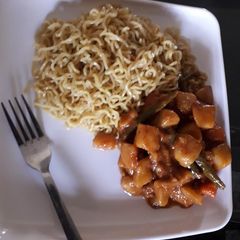 Noodles with potatoe sauce A picture of Noodles with potatoe sauce.