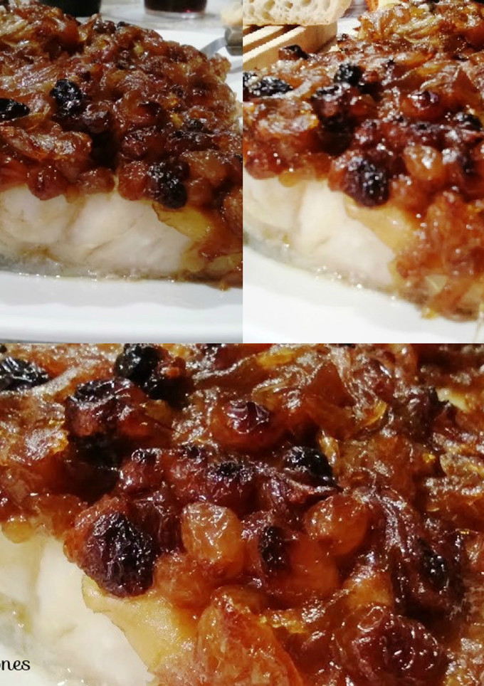 Una foto de Bacalao con cebolla caramelizada y pasas