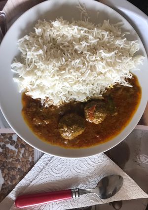 A picture of Kofte with white rice.