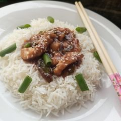 Mongolian chicken gravy with rice A picture of Mongolian chicken gravy with rice.