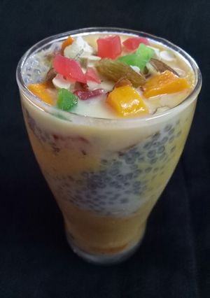 A picture of Mango shake with sabja.
