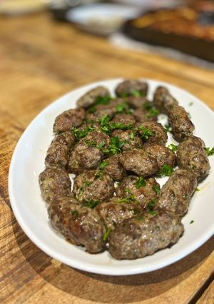 A picture of Kafta balls - Lebanese style meatballs.