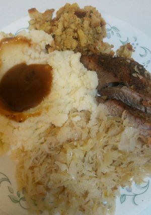 A picture of Slow Roasted Pork & Sauerkraut.