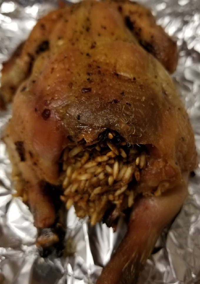 A picture of Stuffed, Roasted Cornish game hens from The Settlement Cookbook.