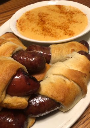 A picture of Brats and Beer Cheese.
