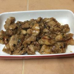 A picture of Chicken thigh cubes honey citron sauce .