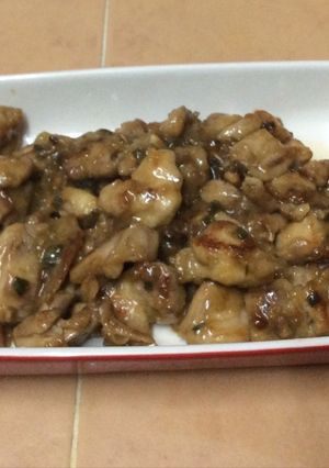 A picture of Chicken thigh cubes honey citron sauce .