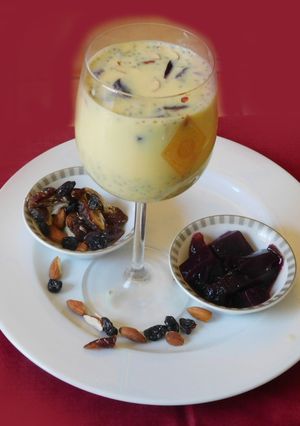 A picture of Custard milk  nut sarbath.