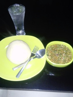 A picture of Semo and fresh okro soup.