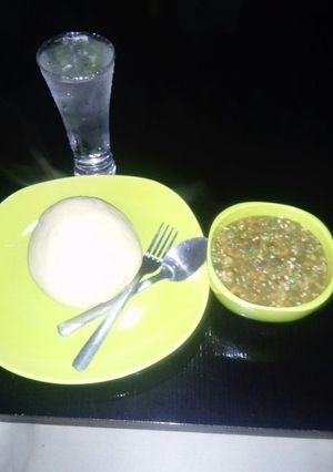 A picture of Semo and fresh okro soup.