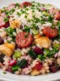 Risoto Tricolor de Frango e Linguicinha com Legumes