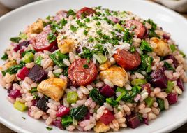 Risoto Tricolor de Frango e Linguicinha com Legumes