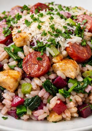 Foto de Risoto Tricolor de Frango e Linguicinha com Legumes