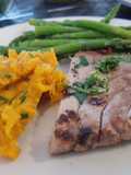 Grilled tuna with sweet potato mash and asparagus