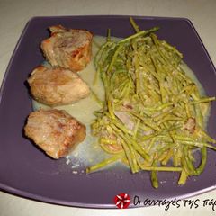 A picture of Pork with asparagus.