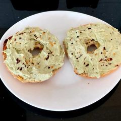 A picture of My Spiced Cheese & Avocado Bagel 🥰#Breakfast#Dip#Mysterybox.