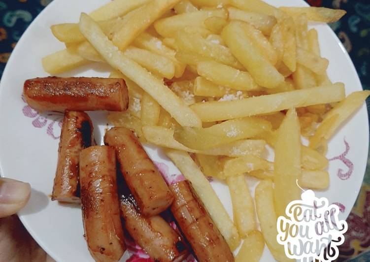 Bagaimana Membuat Smoked chicken sausage baberque with french fries Anti Gagal