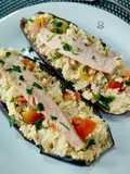 Berenjena rellena de ensalada de cous cous con ventresca de atún