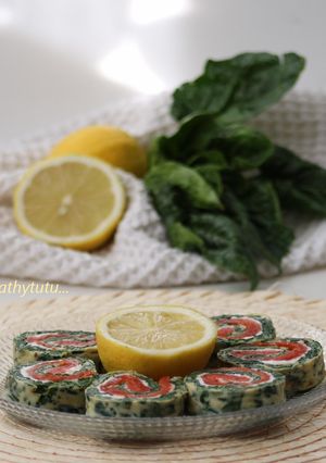 A picture of Spinach, Smoked Salmon, and Goat Cheese Omelette Roll.