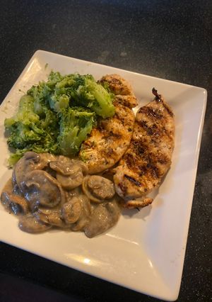 A picture of Grilled Marinated Chicken with Mushroom Wine sauce.