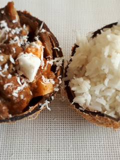 A picture of Chevon served with coconut rice#myricedish.