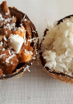 A picture of Chevon served with coconut rice#myricedish.