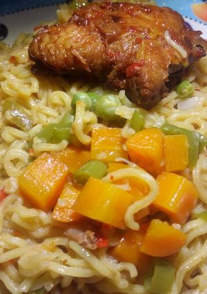 A picture of Noodles with veggies and pepper chicken #Breakfastideacontest#.