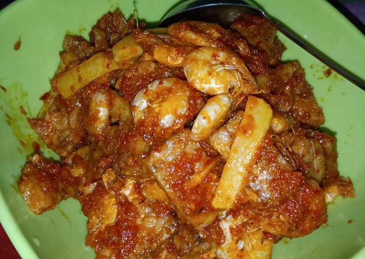Resep Udang tempe kentang pedas manis yang Enak