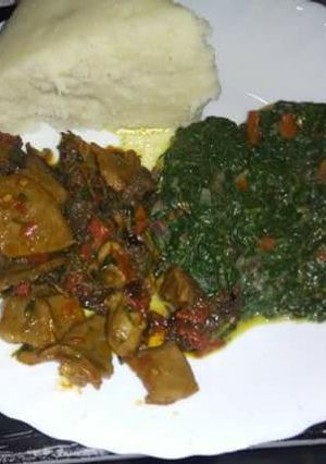 A picture of Tripe (Matumbo) fried, Kunde and Ugali.