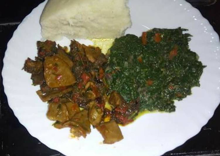 Tripe (Matumbo) fried, Kunde and Ugali