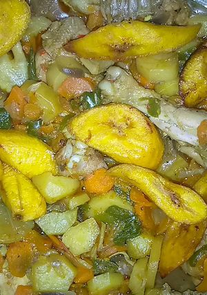 A picture of Potato soup with plantain.