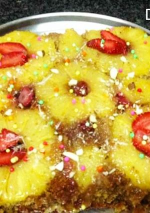 A picture of Egg less Upside to downside pineapple cake.
