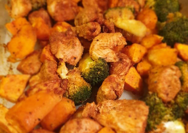 Step-by-Step Guide to Prepare Super Quick Homemade Spicy chicken, sweet potato and veg