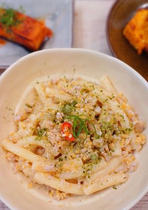Hình của món Nui xào tempeh đậu gà.