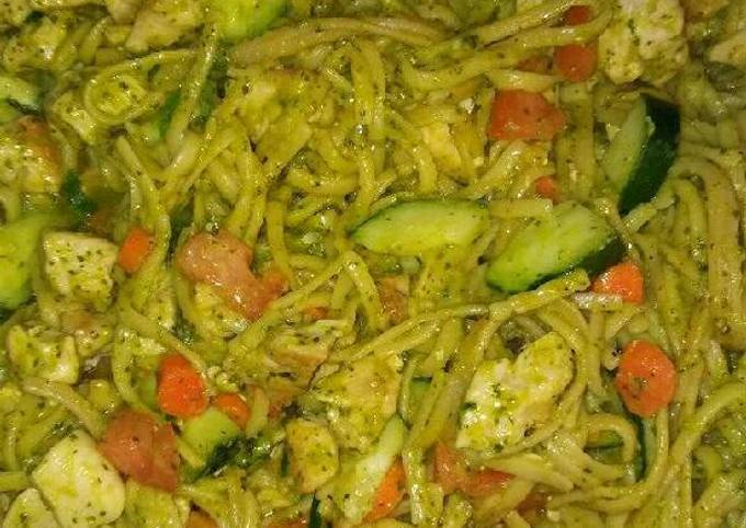 Chicken vegetables and pesto sauce pasta