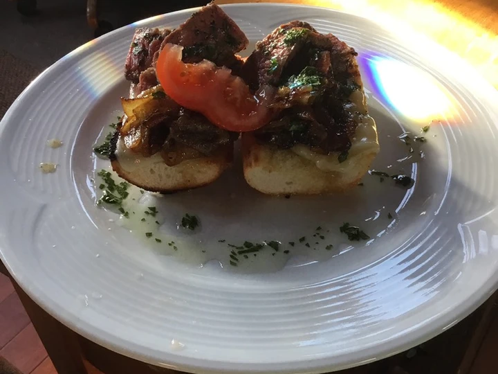 Simple Way Make Recipe Open Faced Steak Sandwiches on Garlic Bread with Aged Provolone, Caramelized Onions, and Parsley Oil that is Delicious, Addictive}
