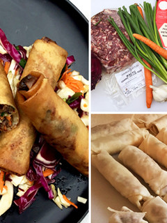 A picture of Wagyu Beef Lumpia with Asian-Style Slaw & Sweet Chili Sauce.